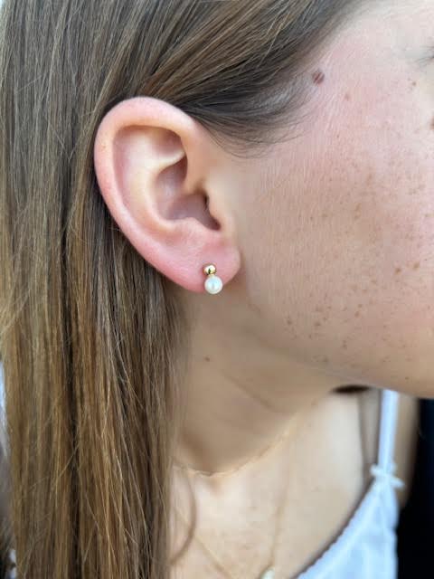 14K Yellow Gold Kids Pearl with Gold Ball Earrings