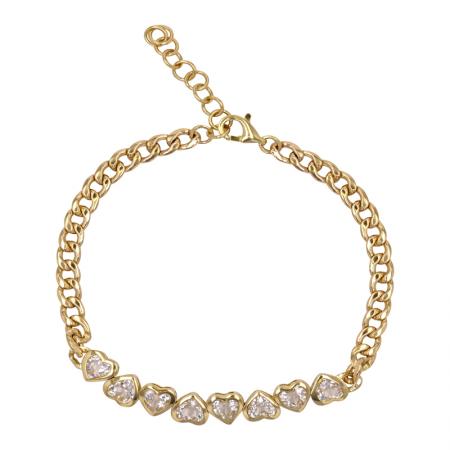 14K Yellow Gold White Topaz Hearts Bracelet