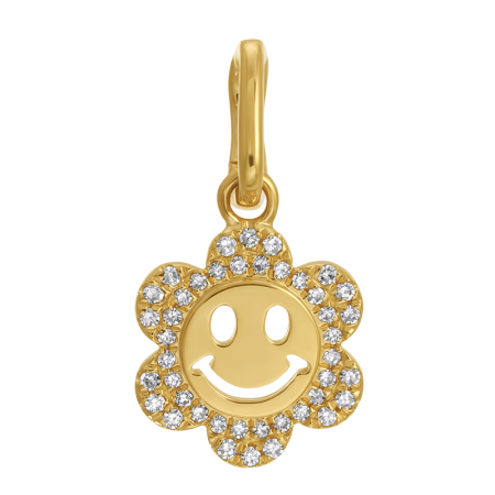 14K Yellow Gold Diamond Smiley Face Flower Charm