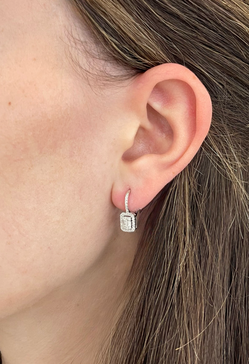 14K White Gold Baguette Diamond Rectangle Drop Earrings