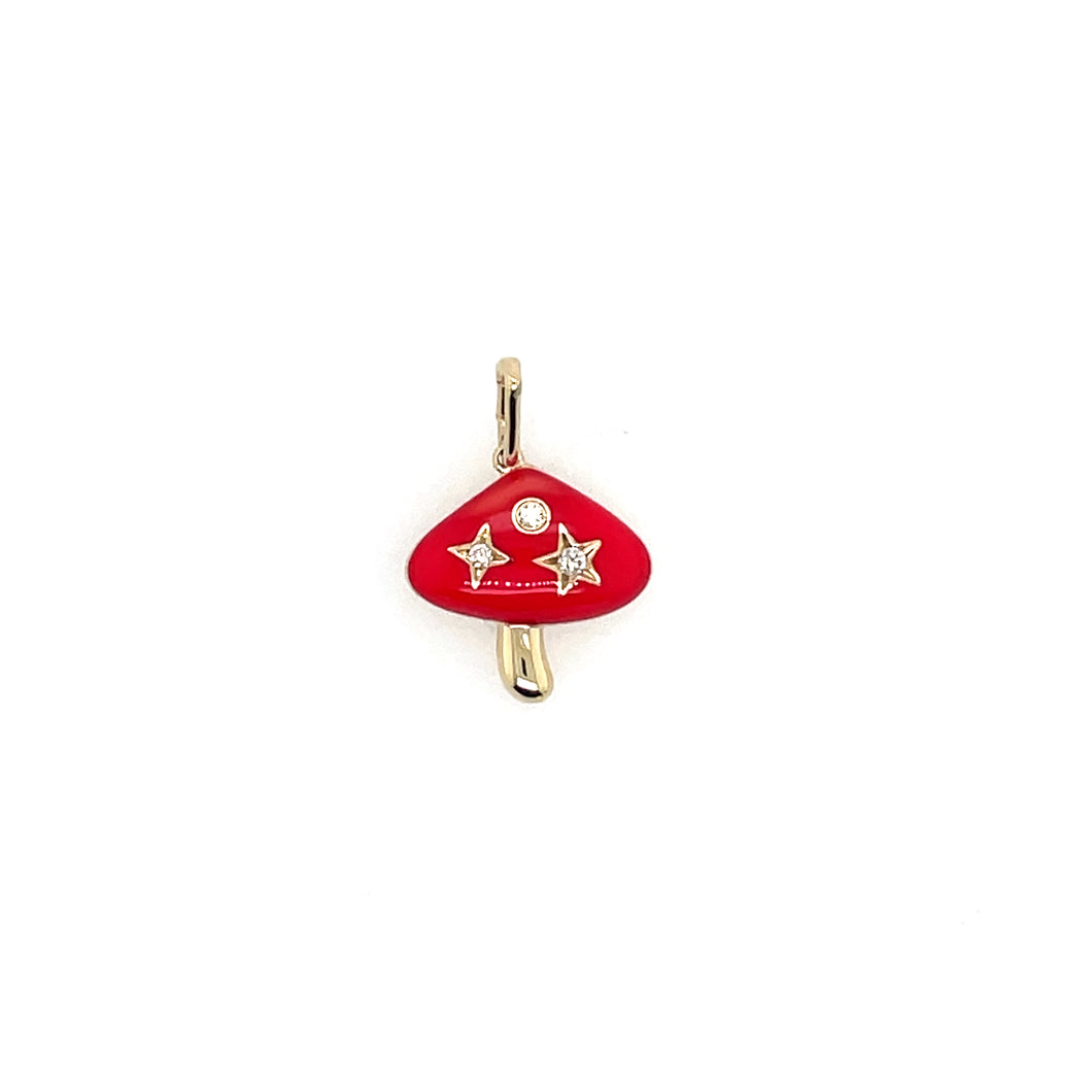 14K Yellow Gold Diamond Enamel Mushroom Charm