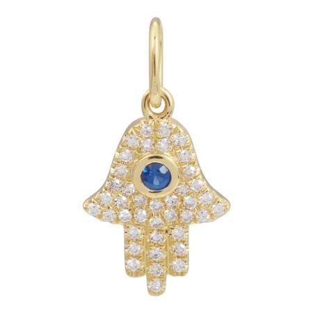 14K Yellow Gold Diamond Sapphire Hamsa Charm