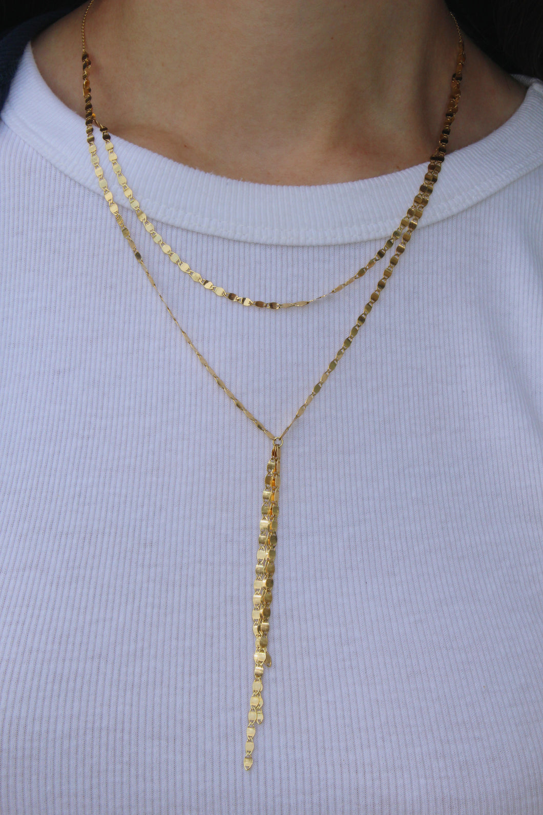 14K Yellow Gold Double Chain Lariat Necklace