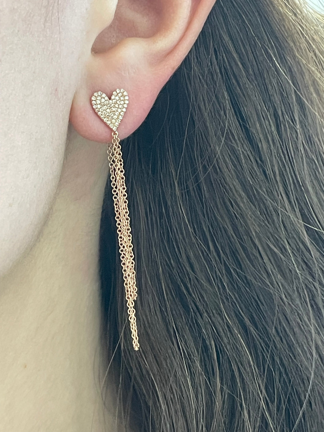 14K Rose Gold Diamond Heart Chain Earrings