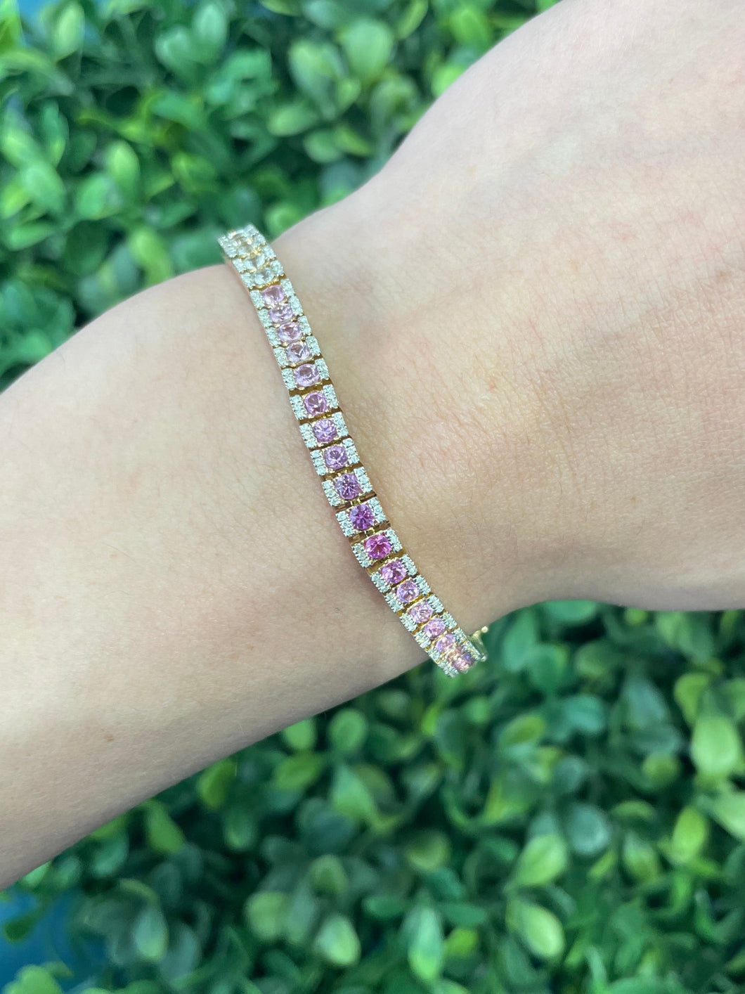 14K Yellow Gold Rectangle Pink Sapphire and Diamond Tennis Bracelet