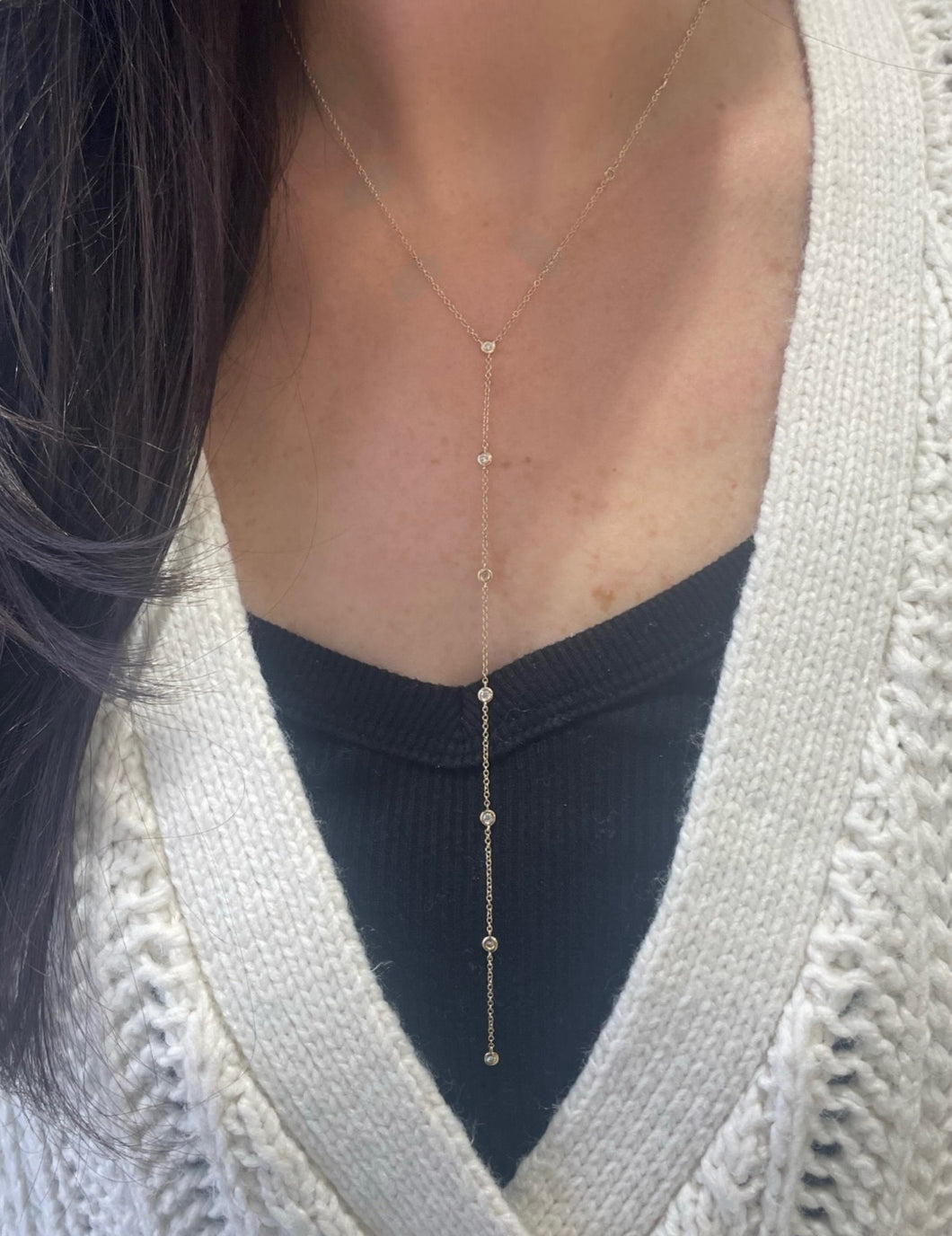 14K Yellow Gold Diamond Bezel Lariat Necklace