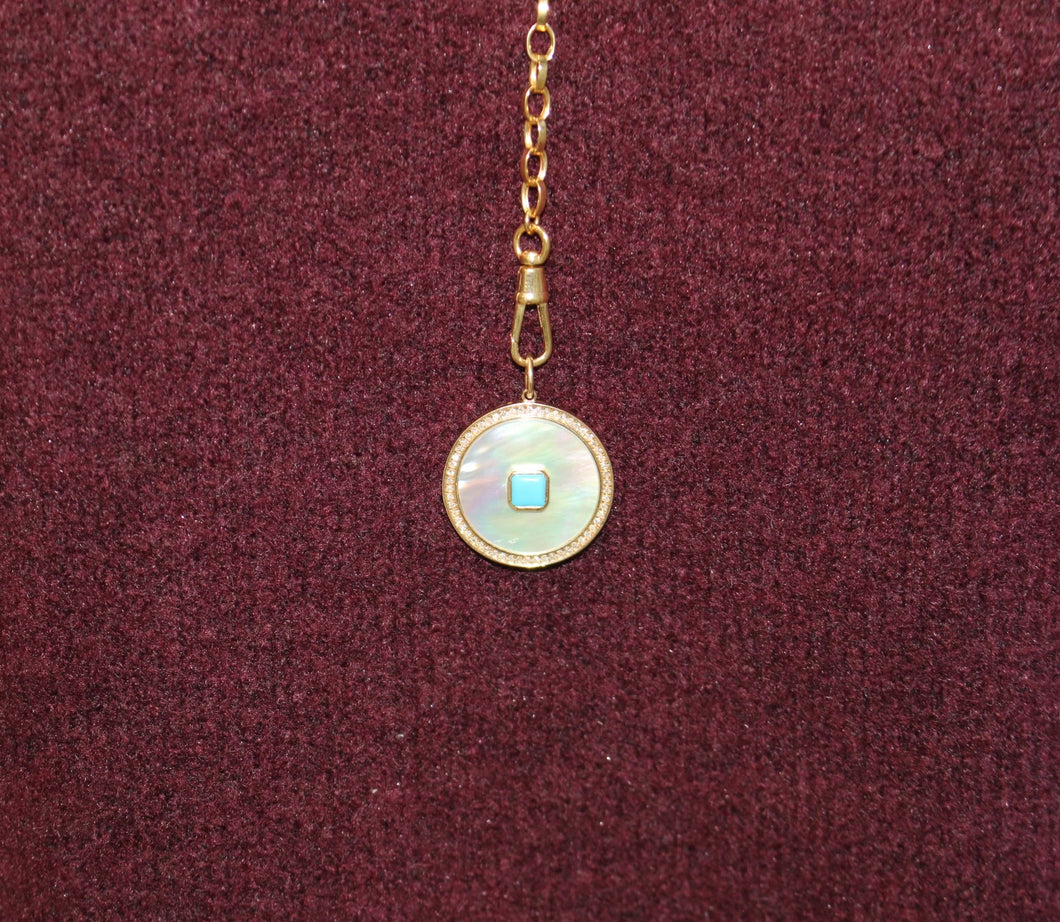 14K Yellow Gold Diamond Mother of Pearl Turquoise Charm