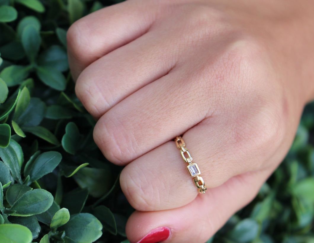 14K Yellow Gold Chain with Baguette Diamond Ring