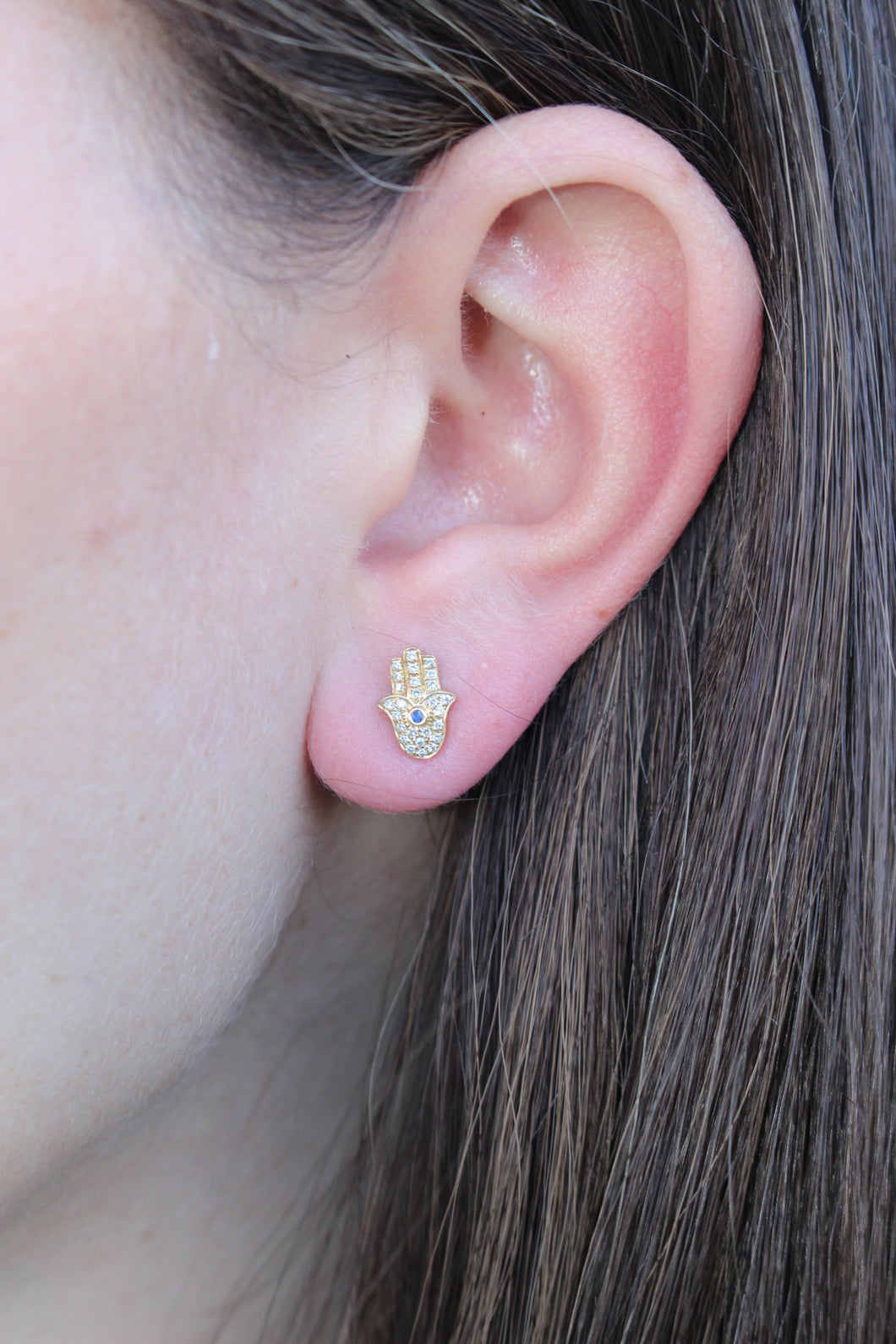 14K Yellow Gold Diamond with Blue Sapphire Hamsa Studs