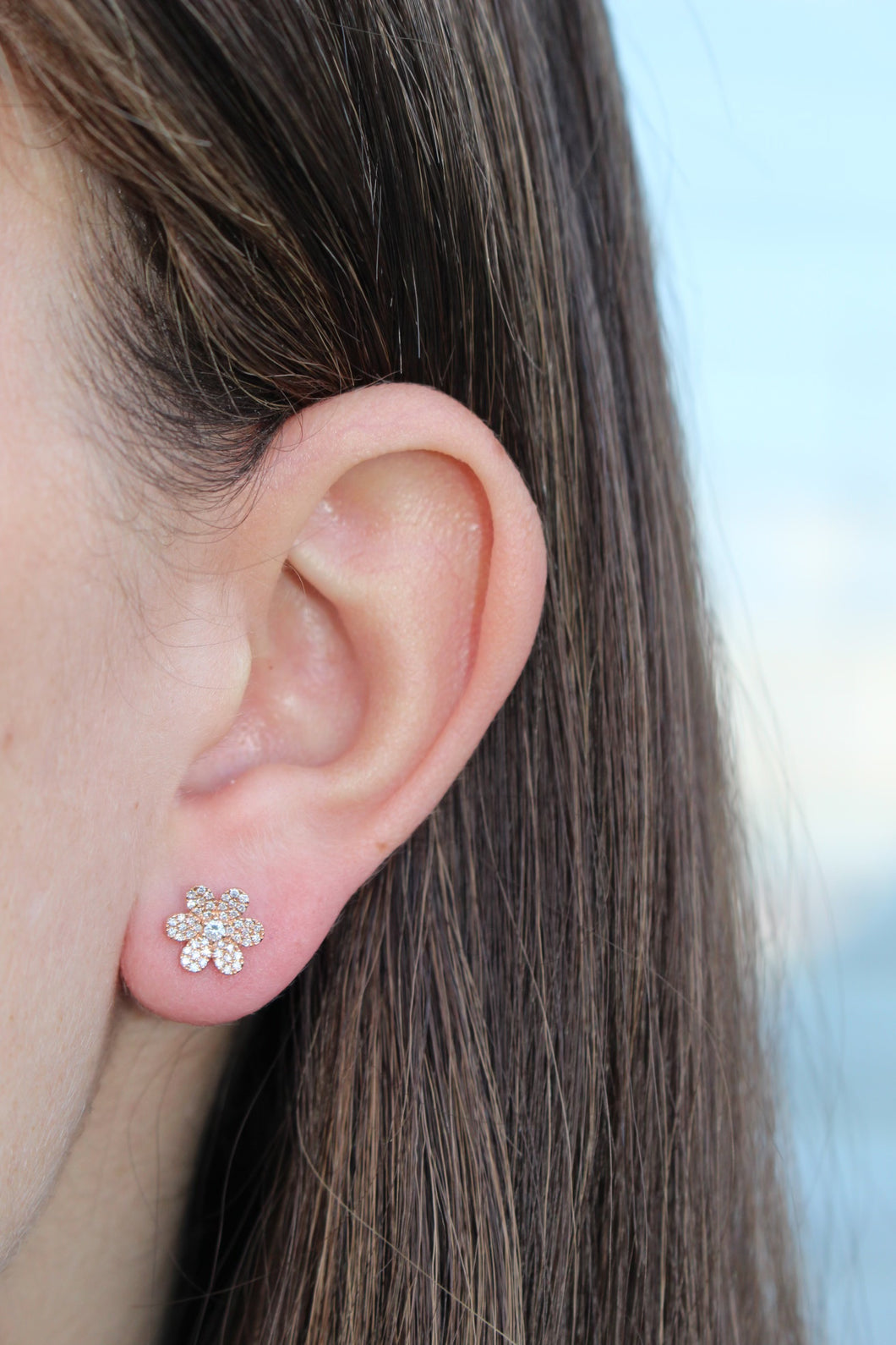 14K Rose Gold Diamond Flower Studs