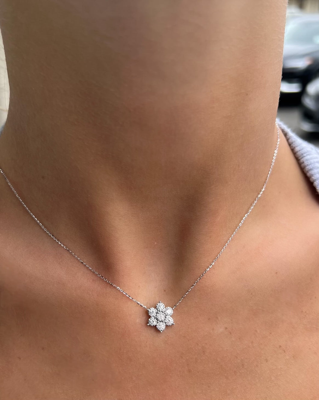 14K White Gold Diamond Flower Necklace