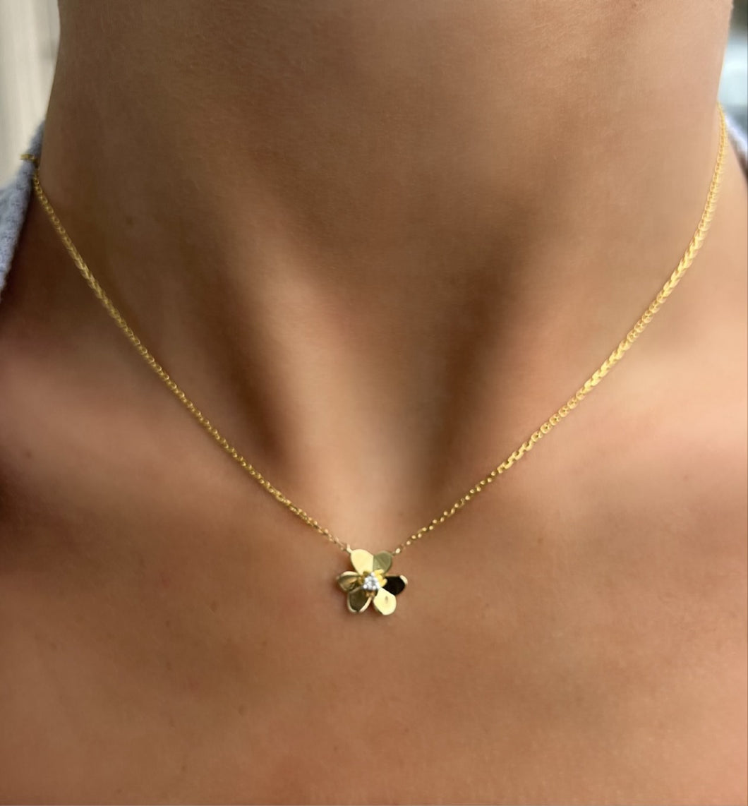 14K Yellow Gold Small Flower with Diamond Center Necklace