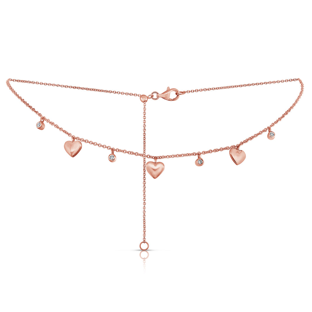 14K Rose Gold Alternate Heart and Bezel Necklace