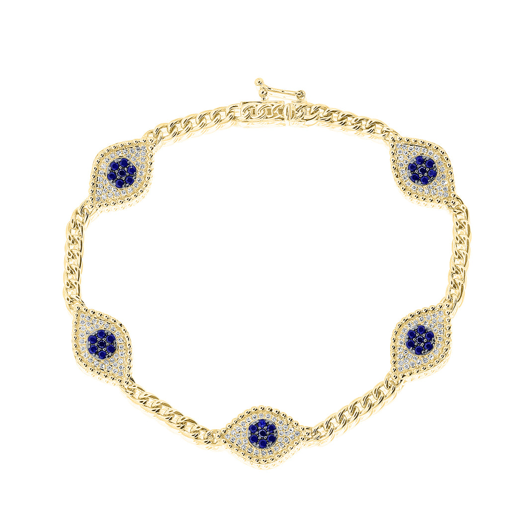 14K Yellow Gold Diamond Sapphire Evil Eye Bracelet