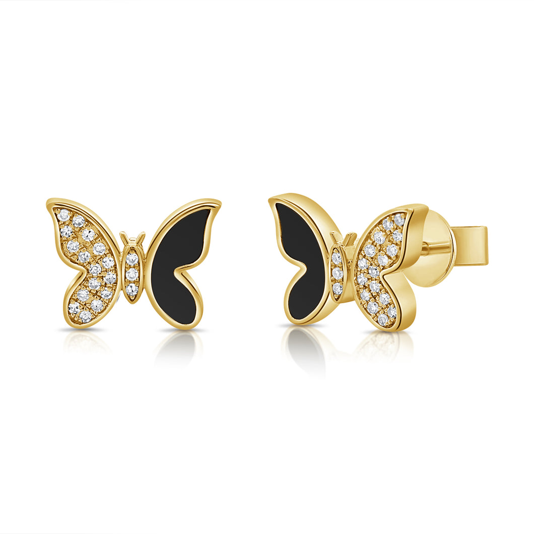 14K Yellow Gold Diamond Black Enamel Butterfly Studs