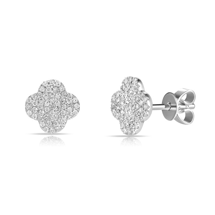 14K White Gold Diamond Clover Studs