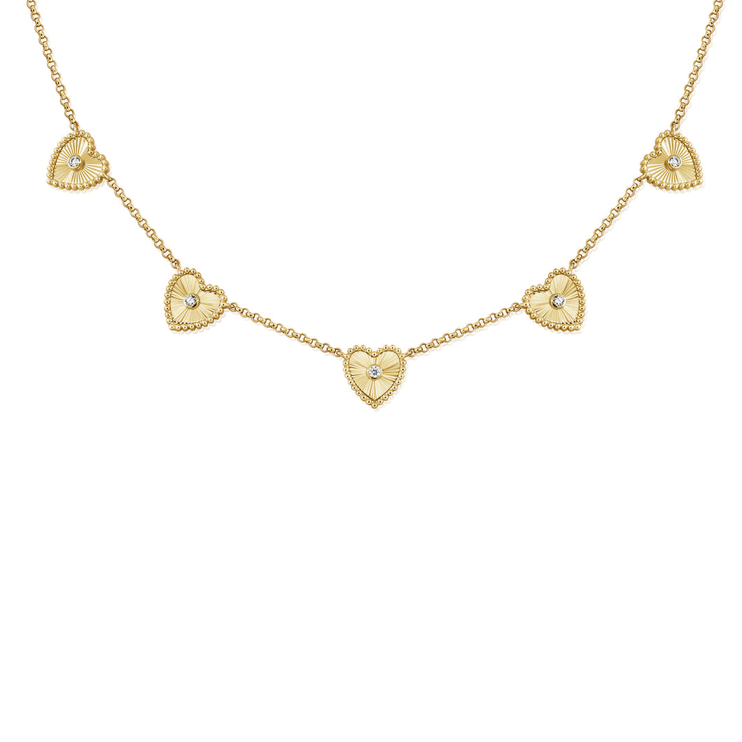 14K Yellow Gold Flued Heart Diamond Necklace