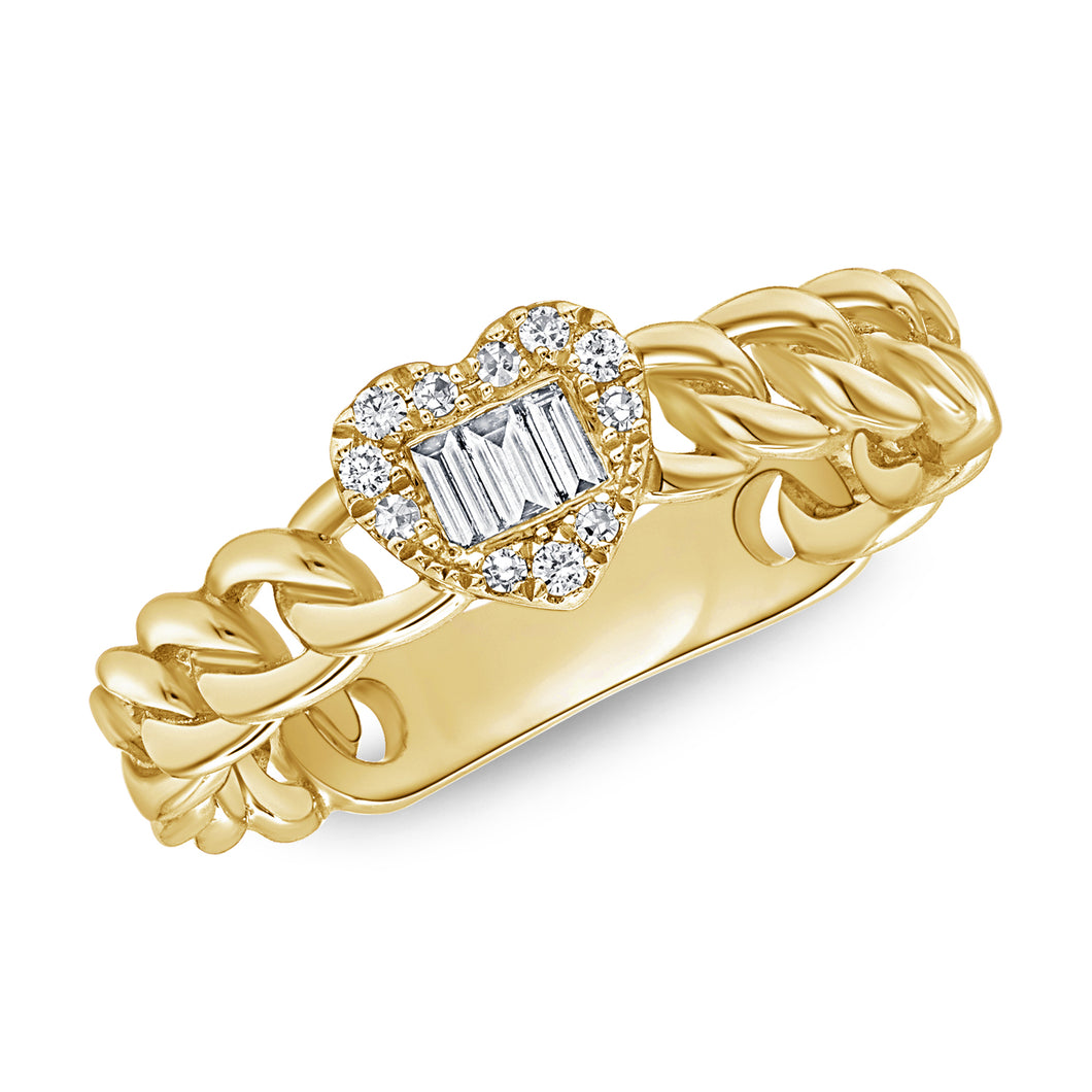 14K Gold Diamond Baguette Heart Cuban Ring