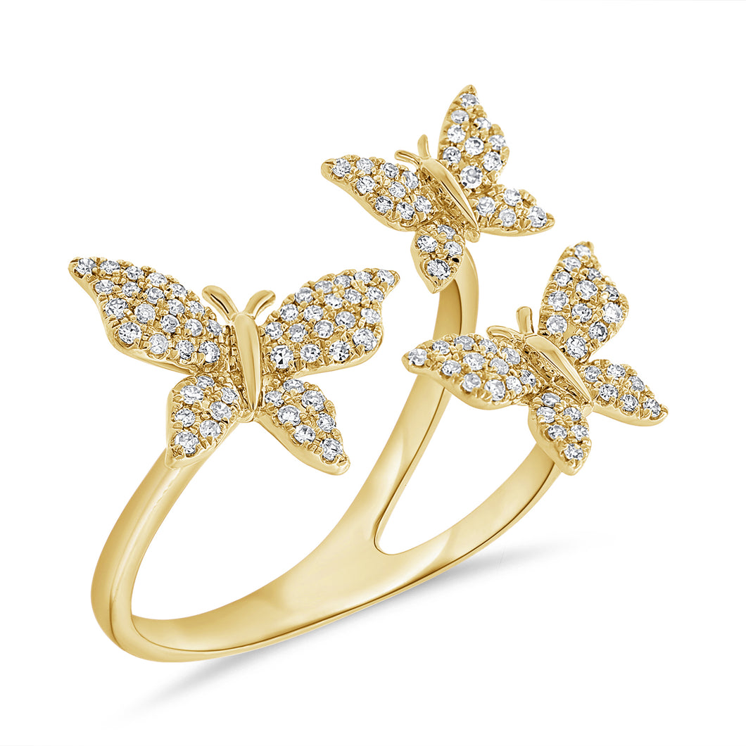 14K Yellow Gold Triple Diamond Butterfly Ring