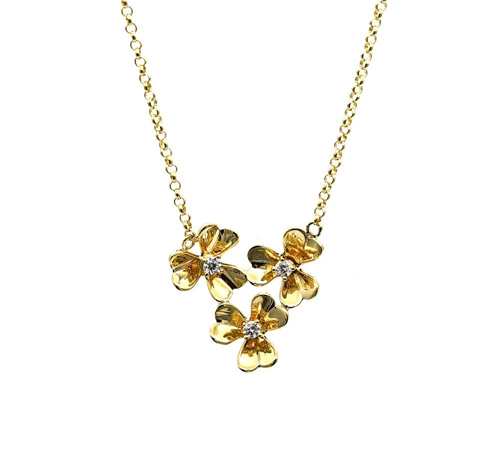 14K Yellow Gold Triple Diamond Center Flower Necklace