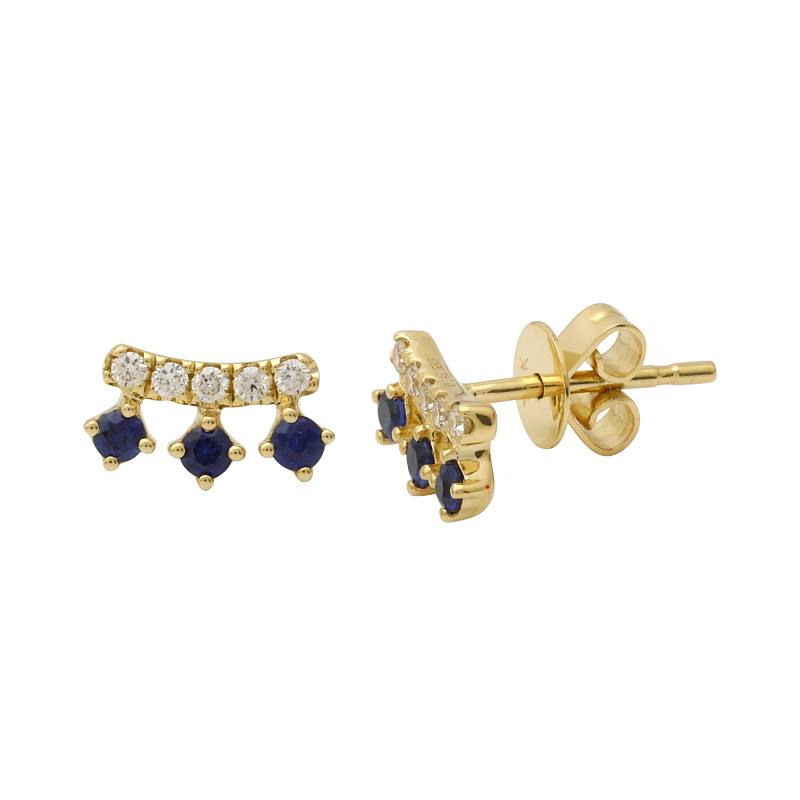 14k Yellow Gold Sapphire & Diamond Curved Bar Earrings